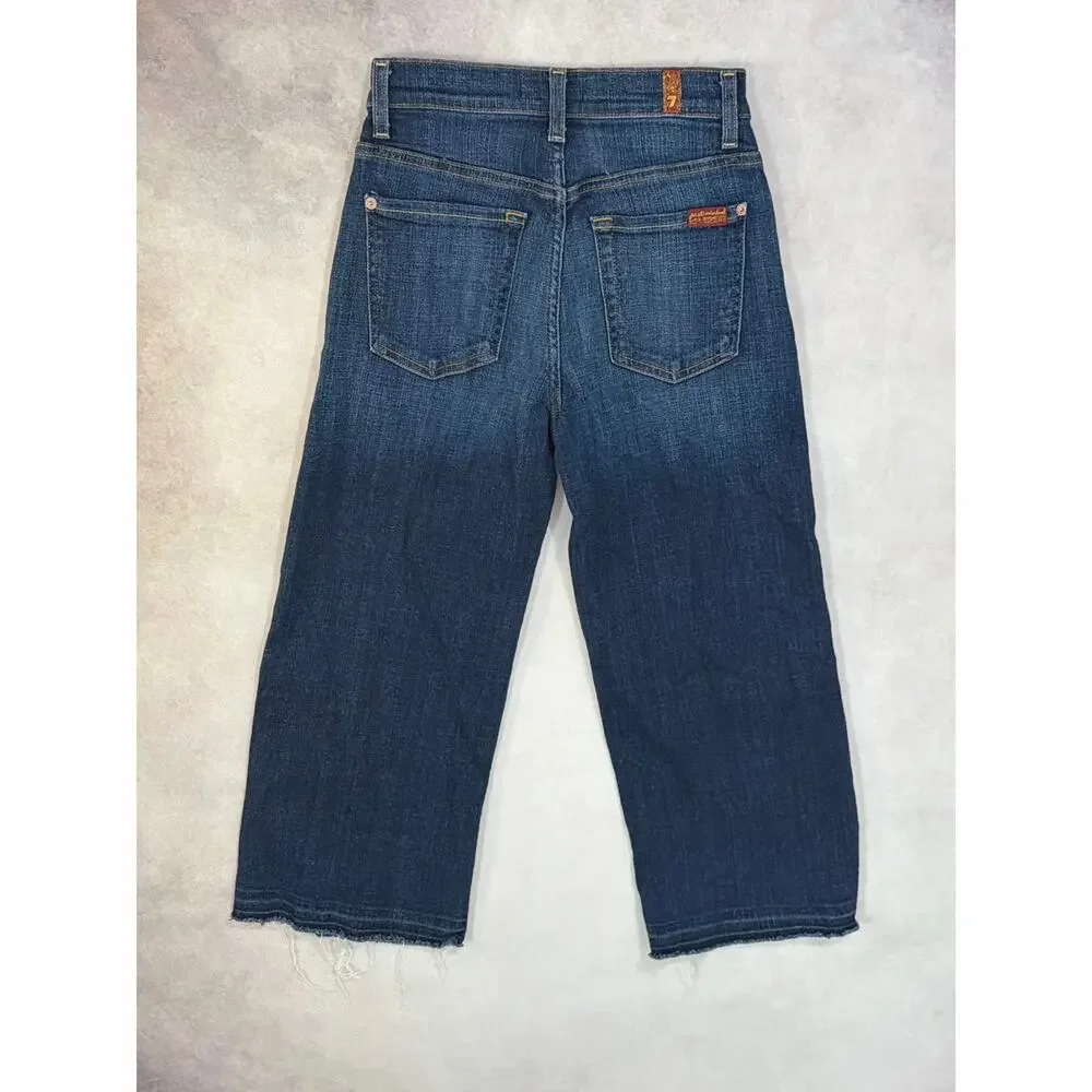 7 For All Mankind High Rise Straight Crop Jeans Size 23 Raw Hem Indigo Blue